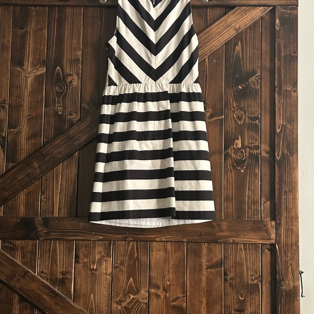 LOFT Black and White Striped Sleeveless Fit-and-Flare Dress